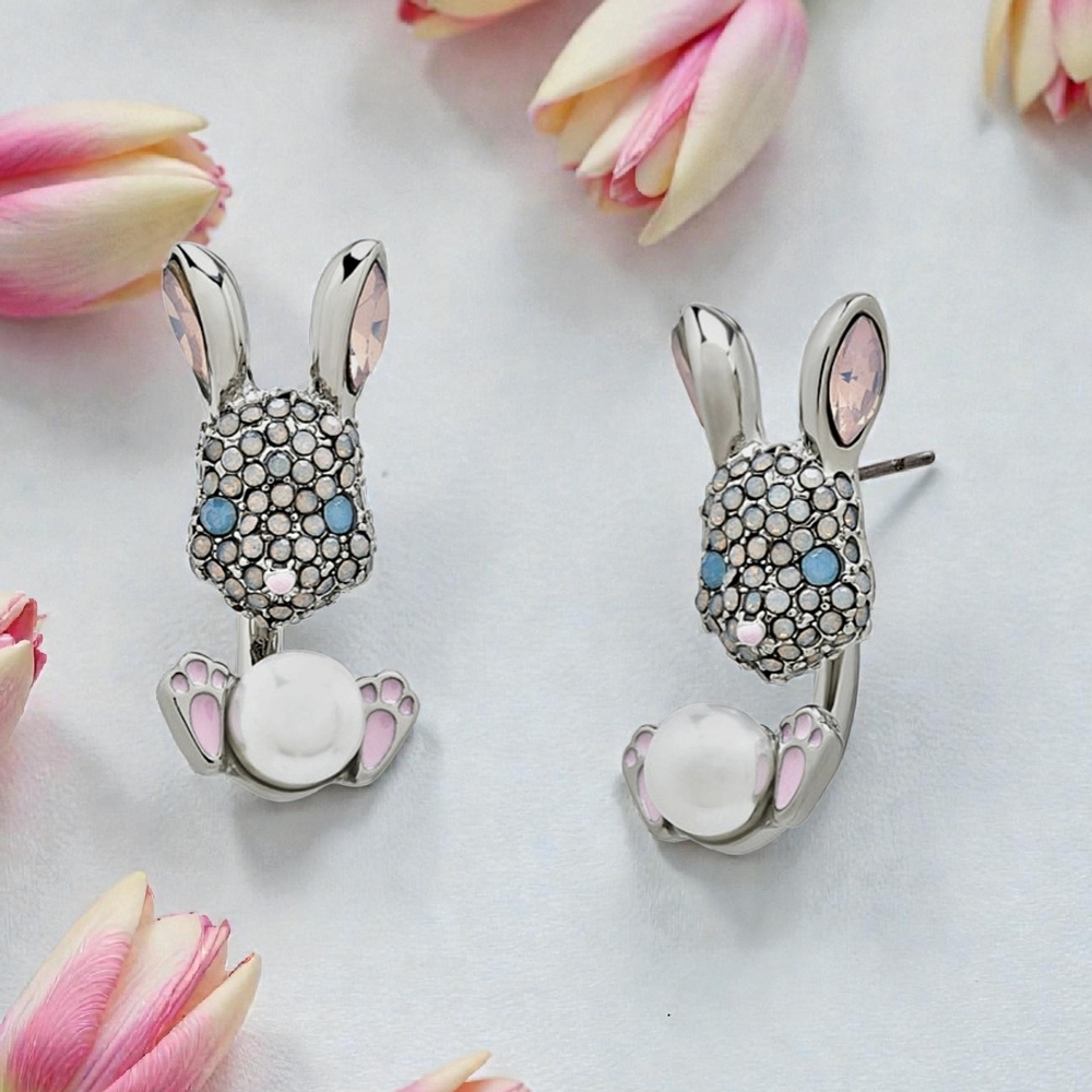 NEW Betsey Johnson Crystal Bunny Pearl Stud Earrings Silver Tone Gift Box NWT